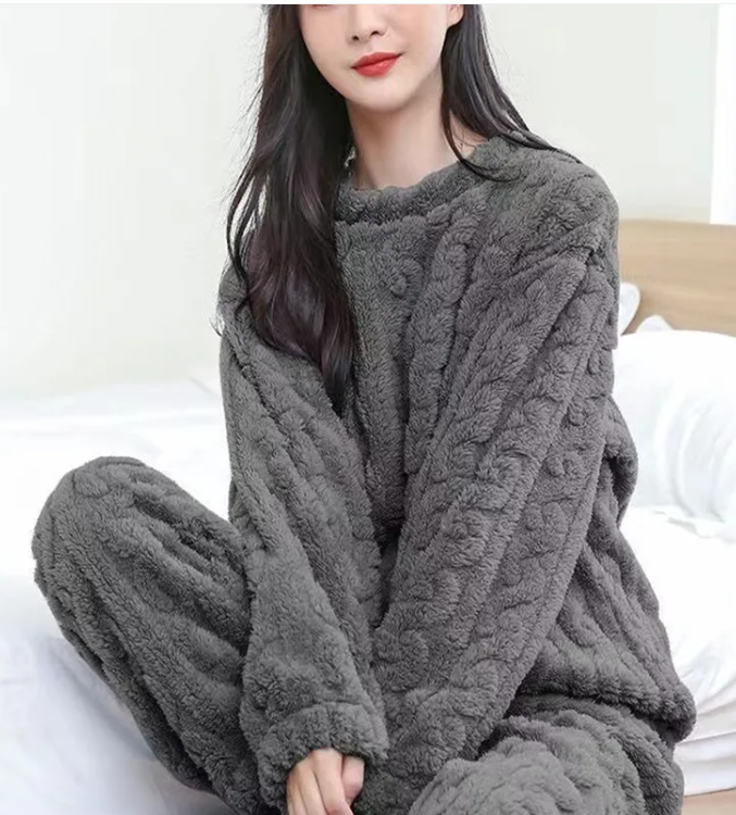 Winter Pajamas Sets Homewear Solid Color Loose Thickened Coral Velvet Pullover Long Sleeves And Trousers Warm Pajamas Indoor Outdoor Casual Clothes